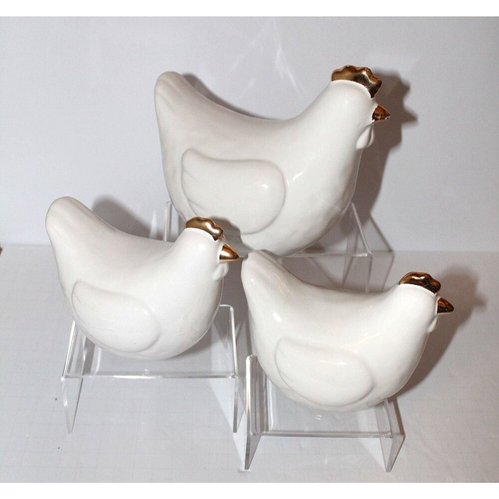 White Ceramic Hen Chicken Figurines Set of 3 Gold Accent Farmhouse Kitchen Decor
